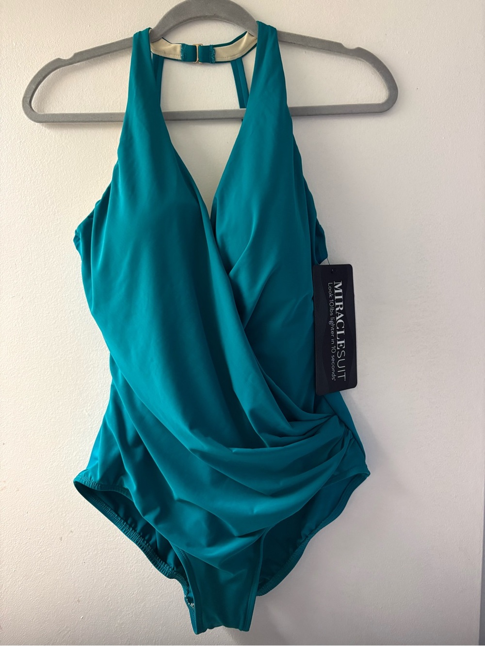 New with tags size 16 Miraclesuit Teal Halter Draped One-Piece Swimsuit